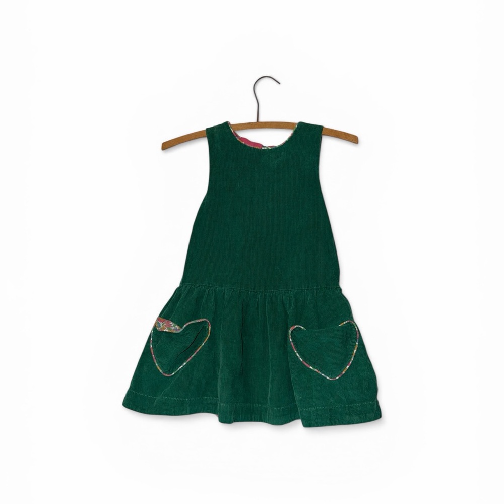 Mini Boden Dark Green Corduroy Dress with Heart Pockets sz 5-6 floral lined